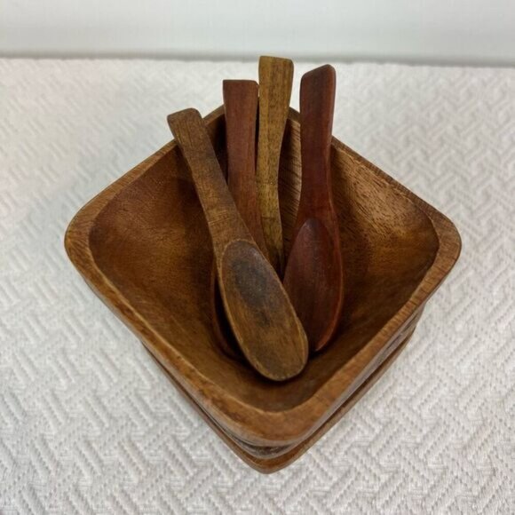 Vintage Antique 8 Piece Teak Wood Primordial Bowl and Spoon Sauce Serve Set - Picture 5 of 13